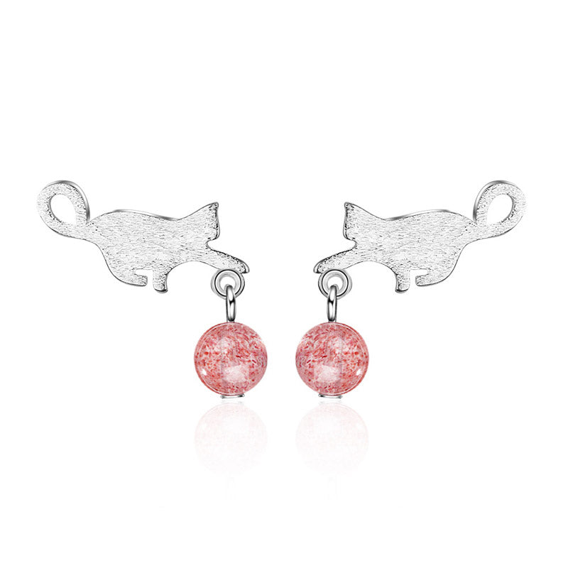 Silver Cat Drop Stud Earrings with Zircon Bead