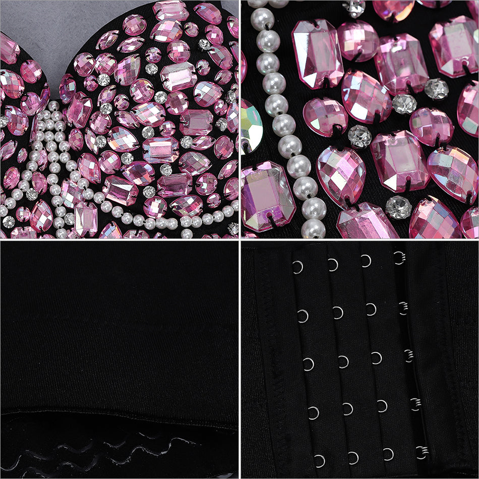 Beaded Crop Top with Rhinestone Straps