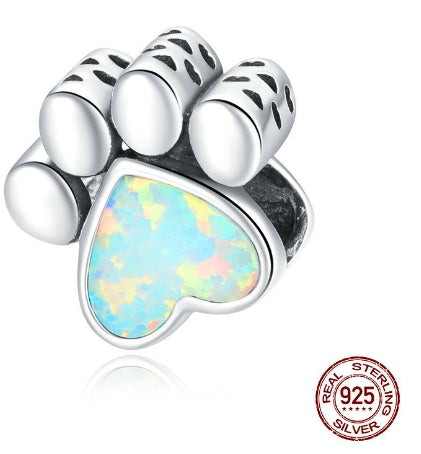 Silver Opal Paw Print Charm Bead