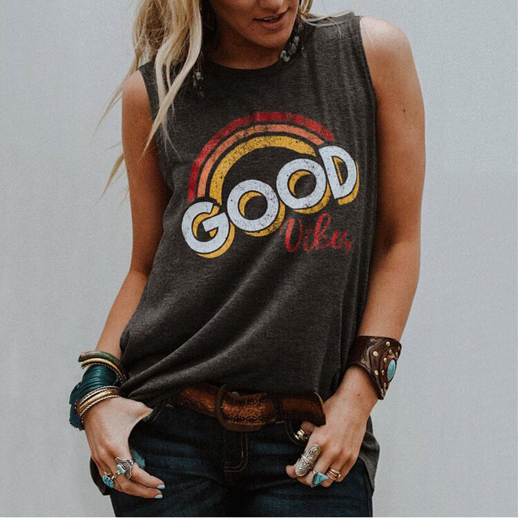 Summer Rainbow Letter Print Round Neck Tank Top