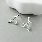 Minimalist Leaf Silver Stud Earrings with Cat's Eye