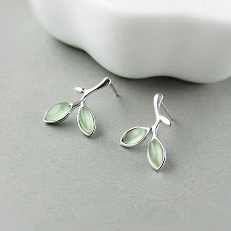 Minimalist Leaf Silver Stud Earrings with Cat's Eye