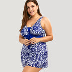 Plus Size Blue Floral Skirted Swim Dress