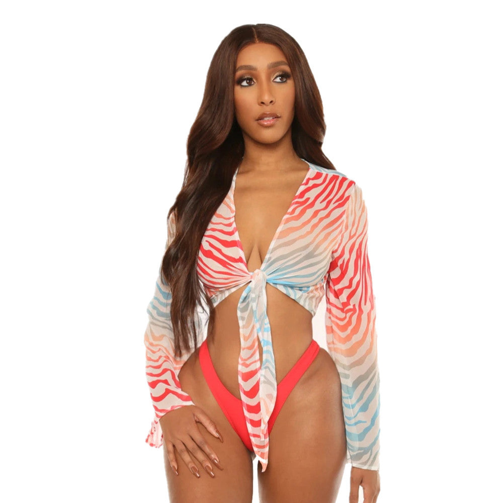 3-Piece Zebra Mesh Cover-Up Bikini Set