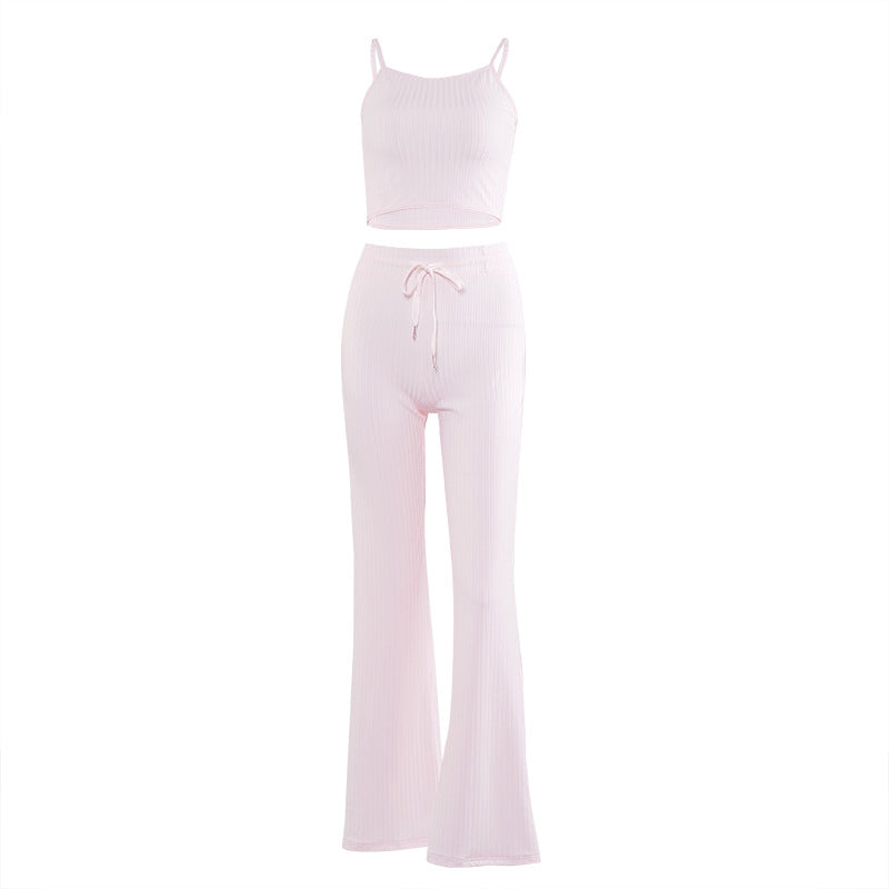 2020 Summer Women's Ribbed Crop Top and Flare Pants Set