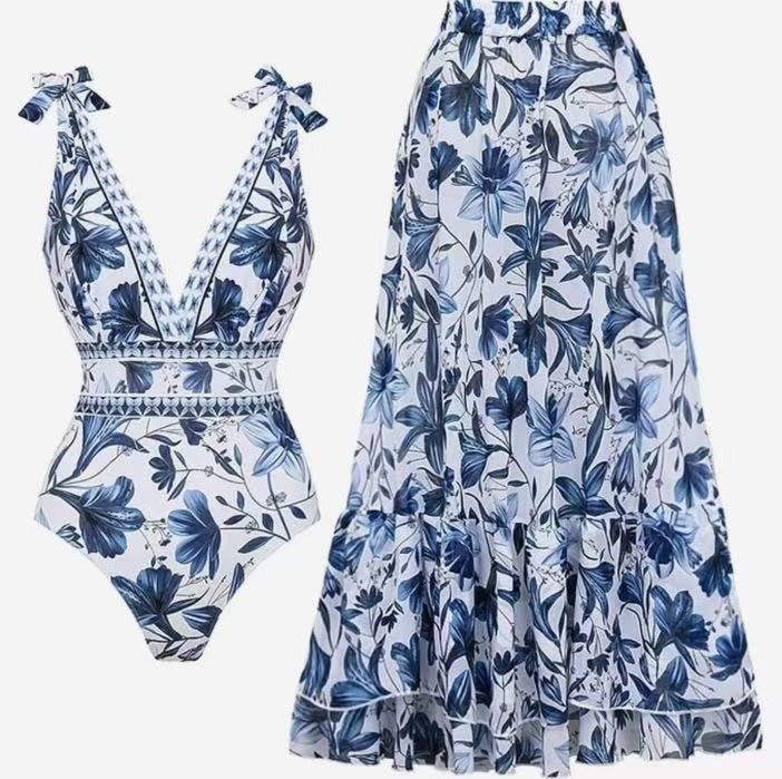 Blue Floral Print Swim Skirt and Bikini Set