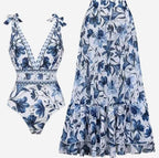 Blue Floral Print Swim Skirt and Bikini Set