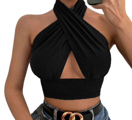 Women's Sexy Cross Pleated Halter Camisole Top