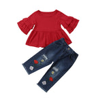 Lace Set with Embroidered Denim Pants Ensemble