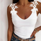 Lace Petal Tank Top - Oversize V-Neck Casual T-Shirt