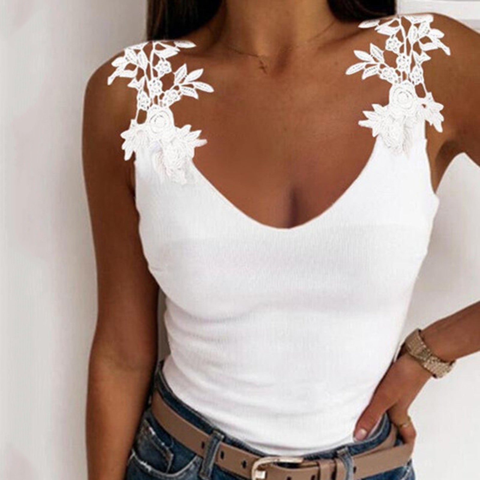 Lace Petal Tank Top - Oversize V-Neck Casual T-Shirt