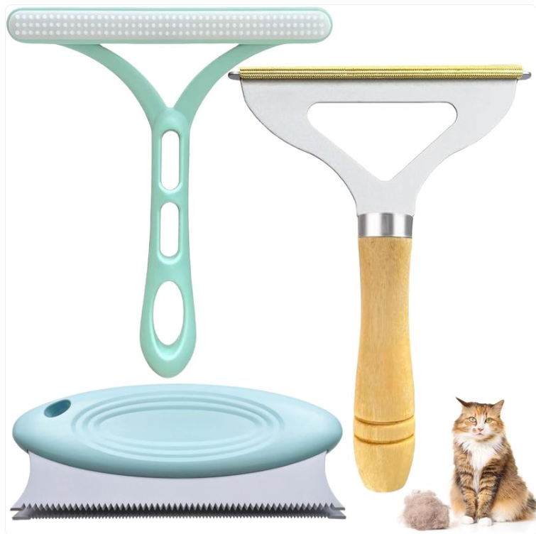 3-Pack Pet Hair Remover Set, Reusable Fur Removal Brush, Copper Head Deshedding Tool and Silicone Sawtooth Cleaner for Furniture Carpet and Clothes