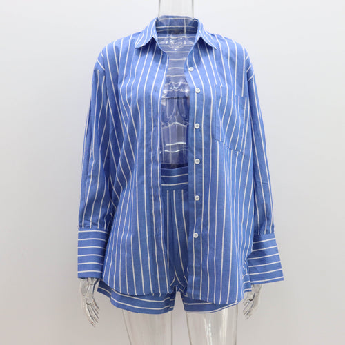 2023 Summer Women's Striped Cotton Shirt & Shorts Set