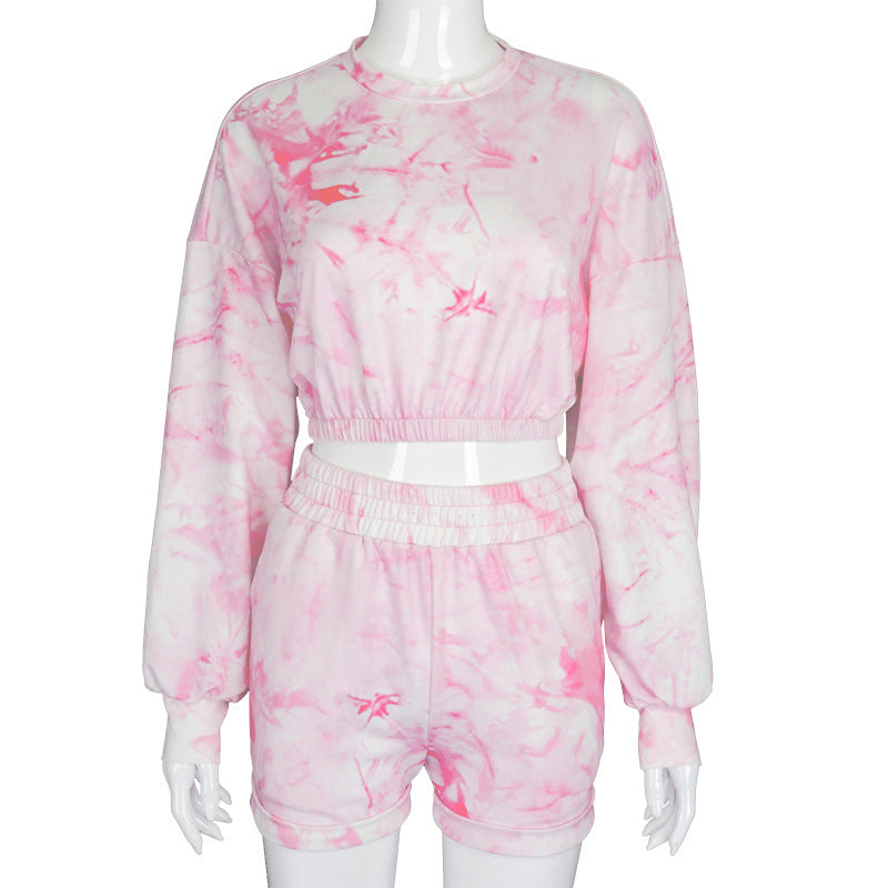 Tie-Dye Print Crop Top and Shorts Set for Fall