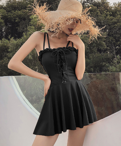 White Skirted Lace-Up One-Piece Swim Dress