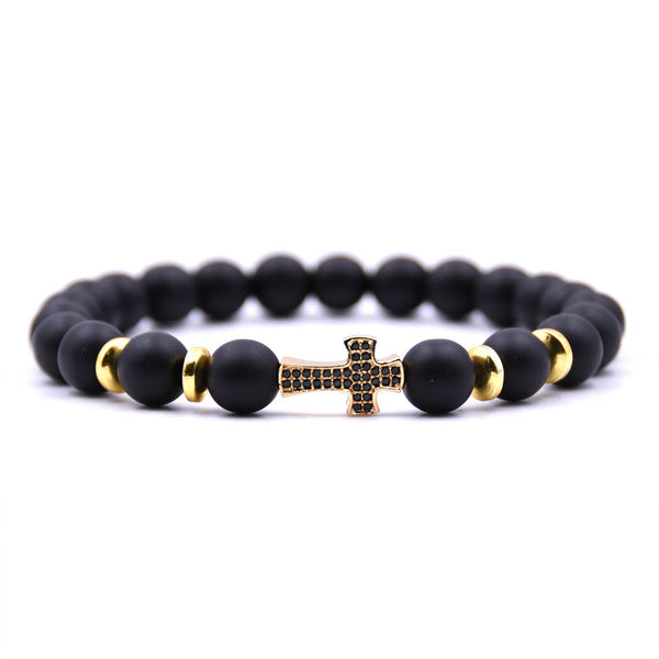 Black Frosted Stone Bracelet with Zircon Cross Inlay