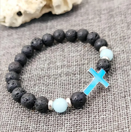 Luminous Volcanic Lava Rock Cross Bracelet