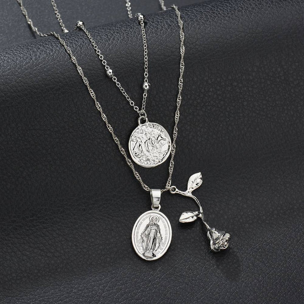 Layered Rose and Medallion Pendant Necklace