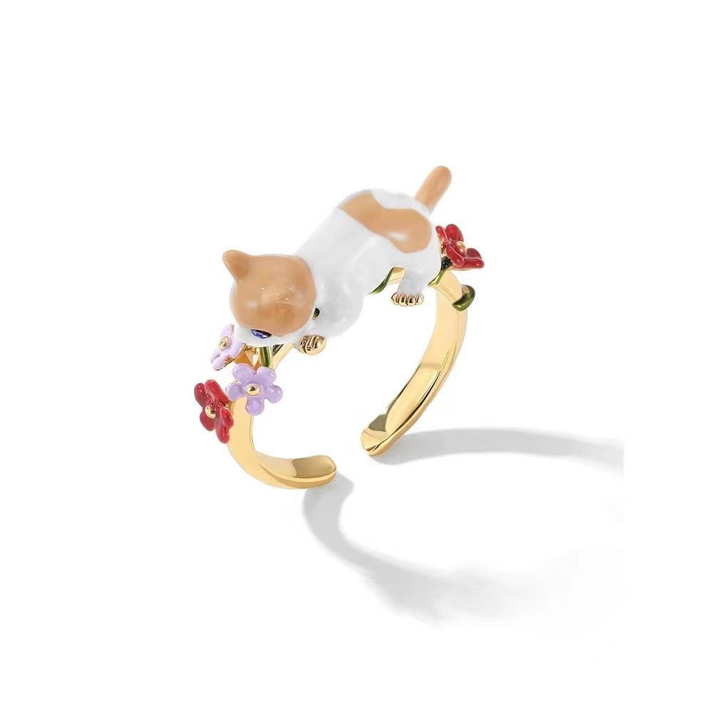 Enamel Cat and Flower Ring