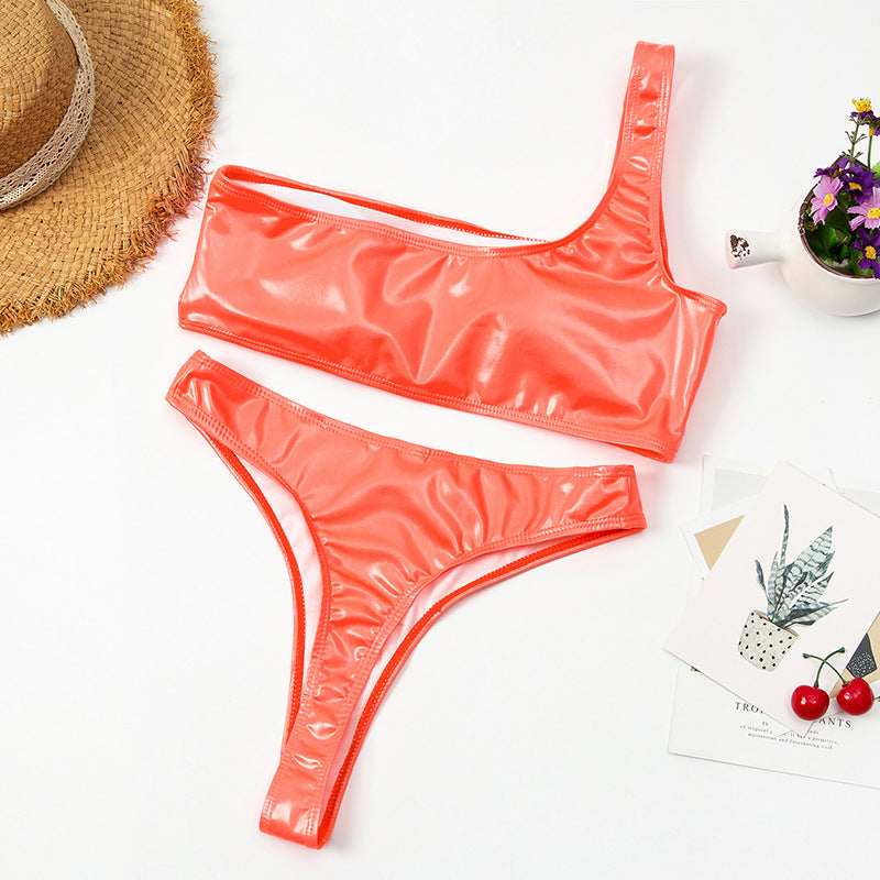 Women's Coral One-Shoulder High-Cut Bikini Set