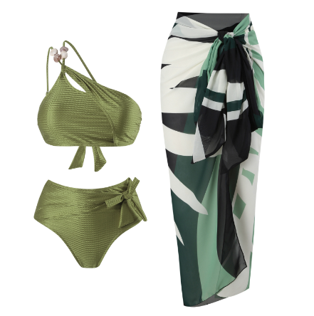 One-Shoulder Bikini Set with Tropical Sarong