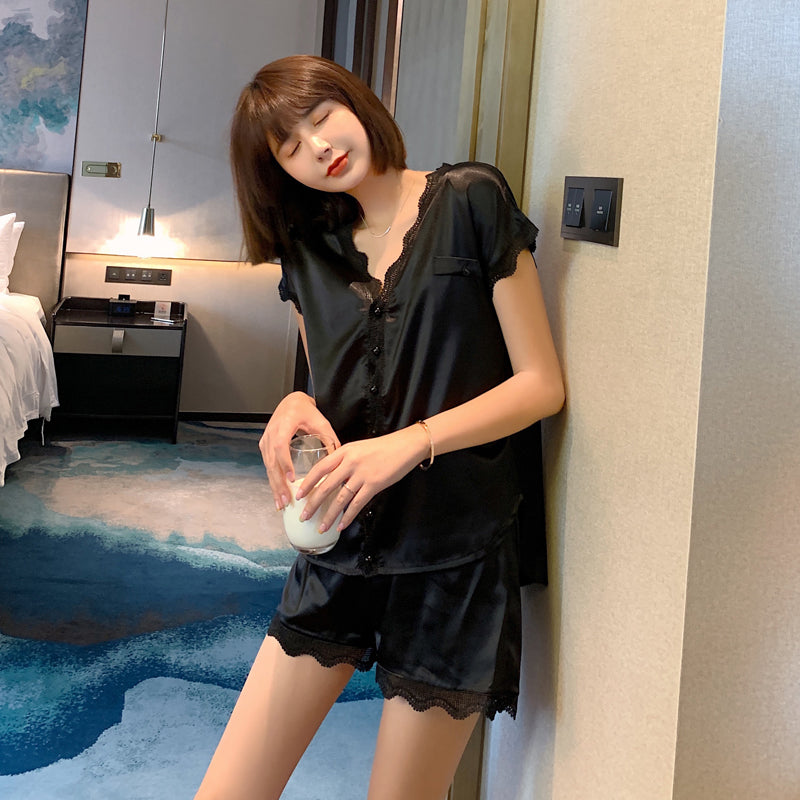 Women's Summer Lace Pajama Set - Short Sleeve & Shorts