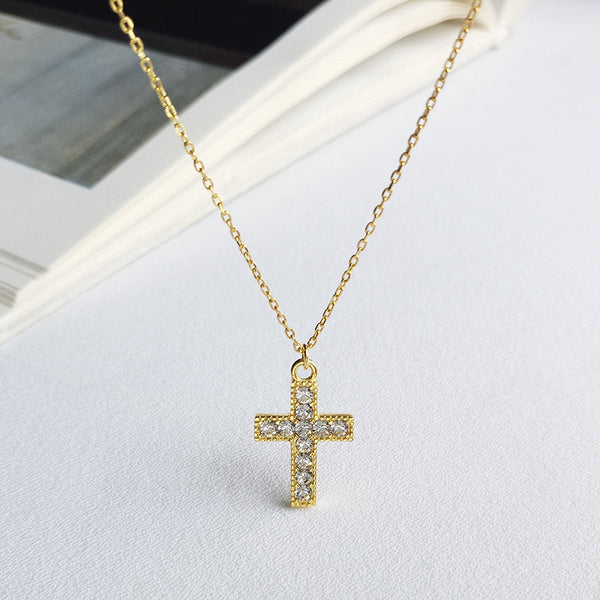 Gold Crystal Cross Pendant Necklace - Christian Jewelry