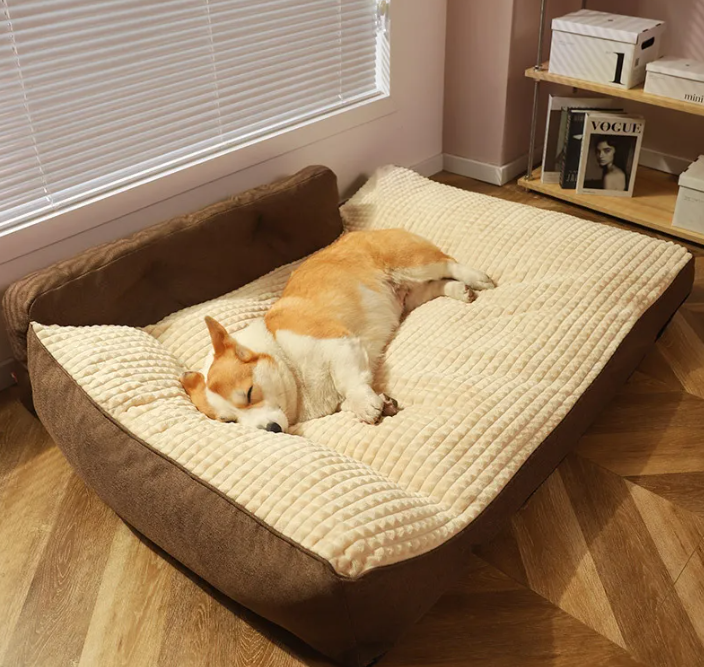 Sofa Style Dog Bed with Bolster & Extended Mat, Washable Plush Calming Couch Bed for Medium Large Dogs, Anti-Slip Pet Lounger