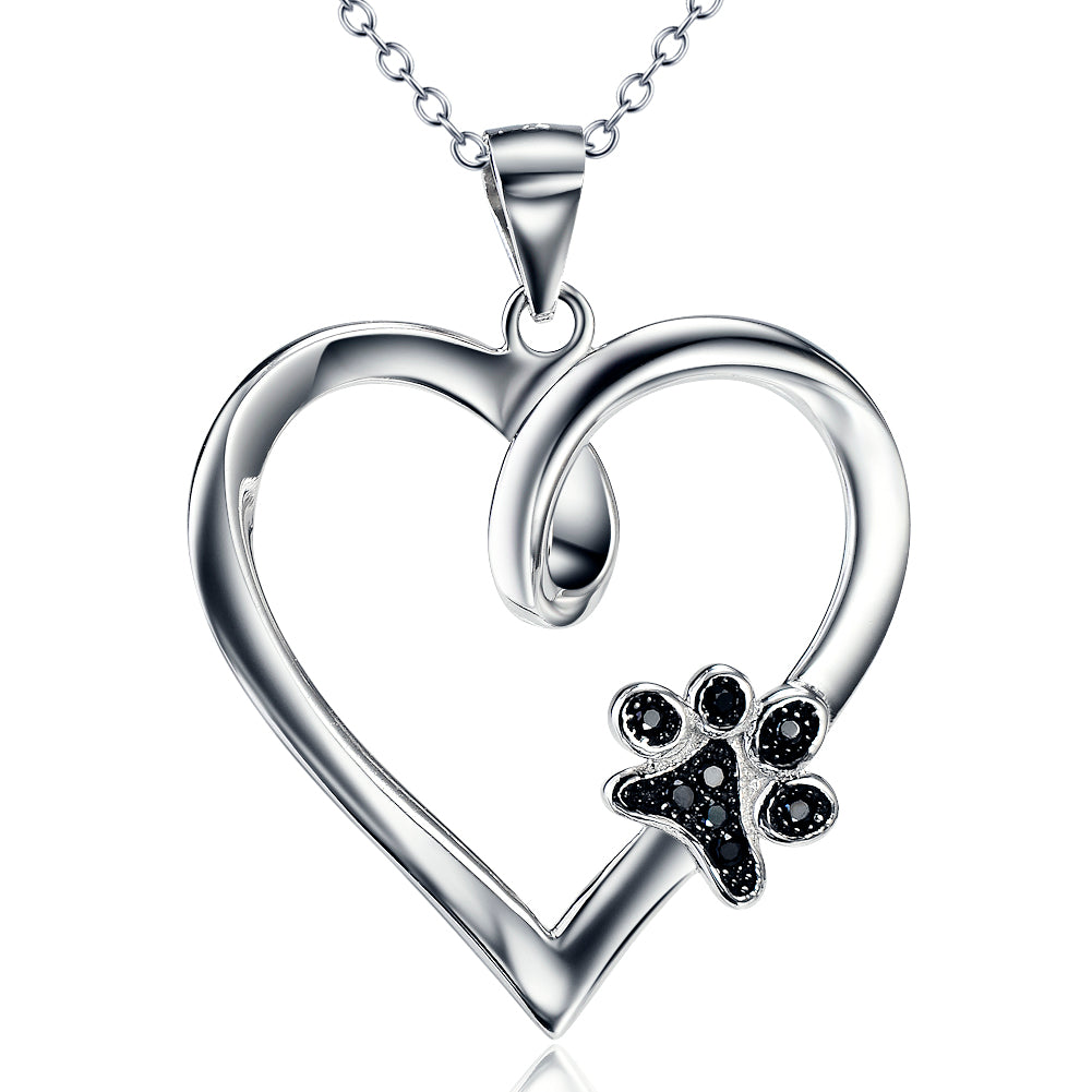 Silver Dog Claw Diamond Heart Pendant Necklace for Women