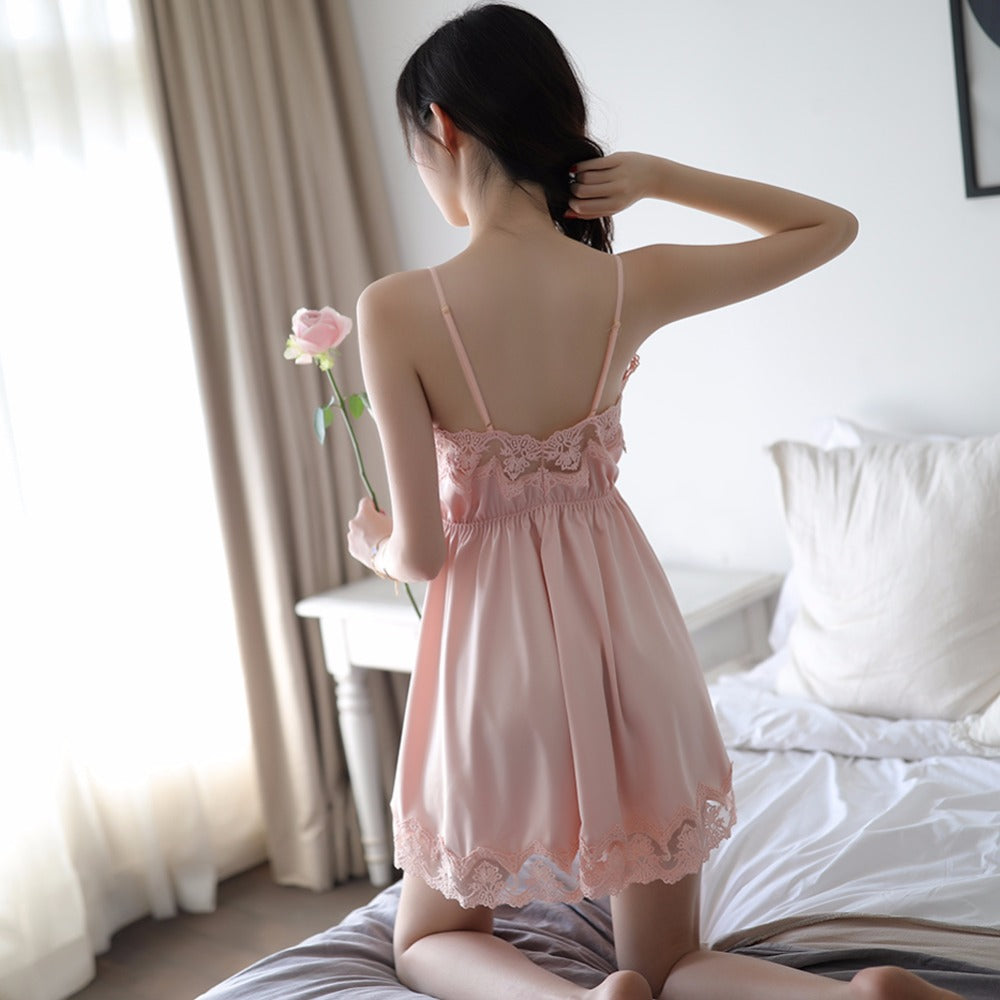 Lace Satin Nightgown with Spaghetti Straps