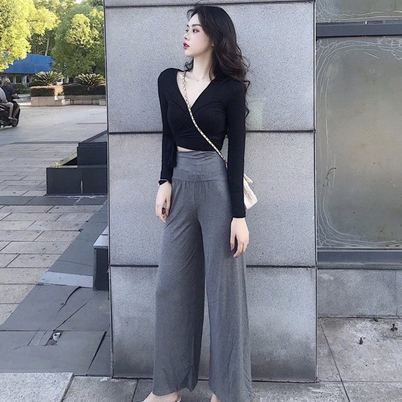 Women's Slim V-neck Long Sleeve Crop Top Fashion