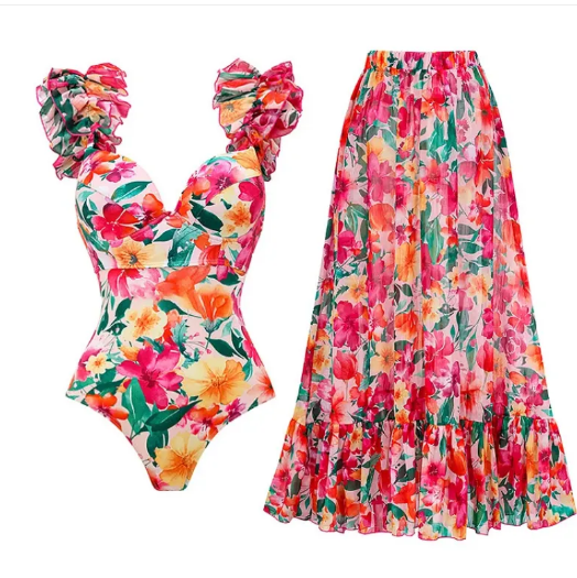 Floral Ruffle One-Piece Swimsuit and Maxi Skirt Set