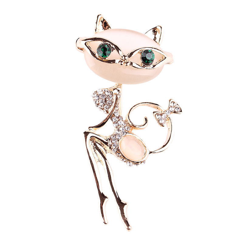 Cat Rhinestone Opal Brooch