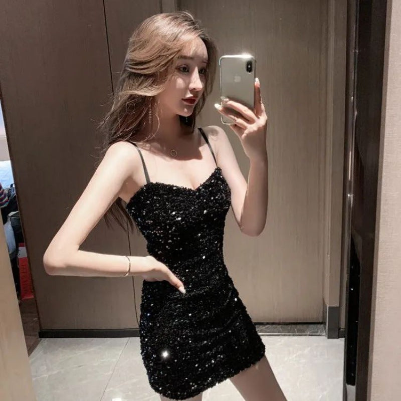 Sequin A-Line Dress with V-Neck and Spaghetti Straps