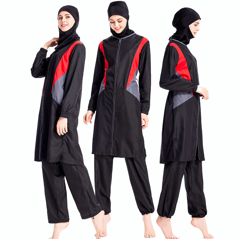 Plus Size Color Block Zip Modest Swimwear Set