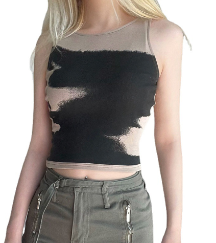 Tie Dye Contrast Sleeveless Round Neck Crop Top