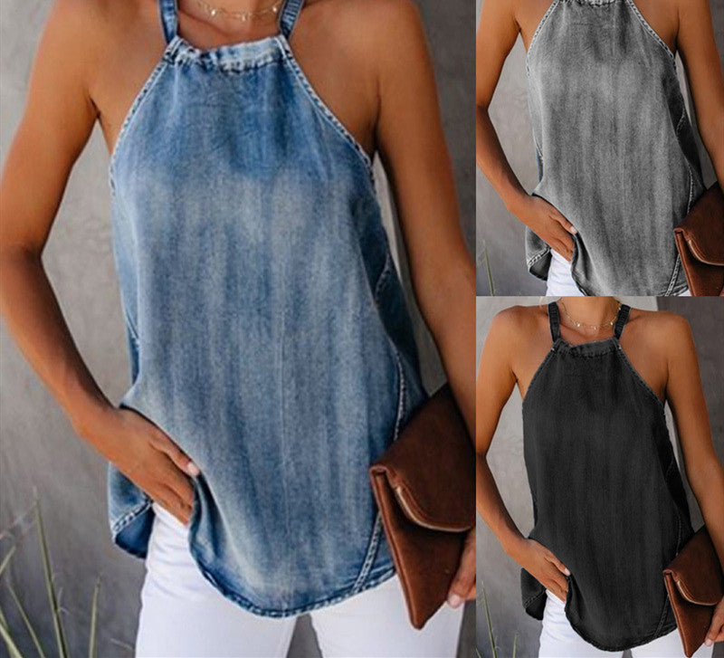 Women's Denim Tank Top with Open Back Design