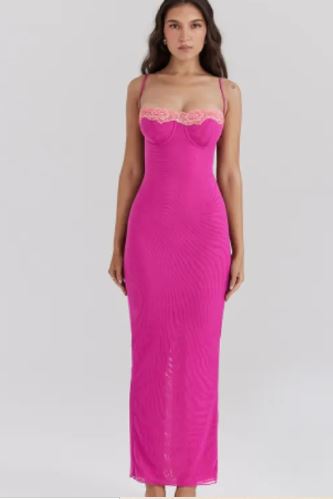 Lace-Trim Mesh Bodycon Maxi Dress