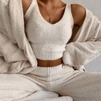 Trendy Plush V-Neck Cropped Top and Pants Set for Women