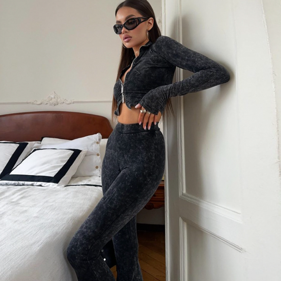 Zipper Crop Top & High Waist Bell-bottom Pants Set