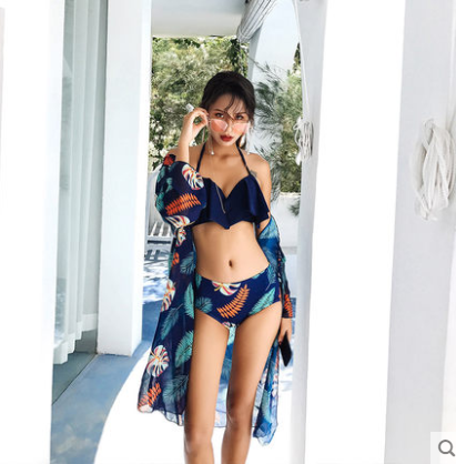 Women's Bikini Set with Tropical Print Kimono Cover-Up