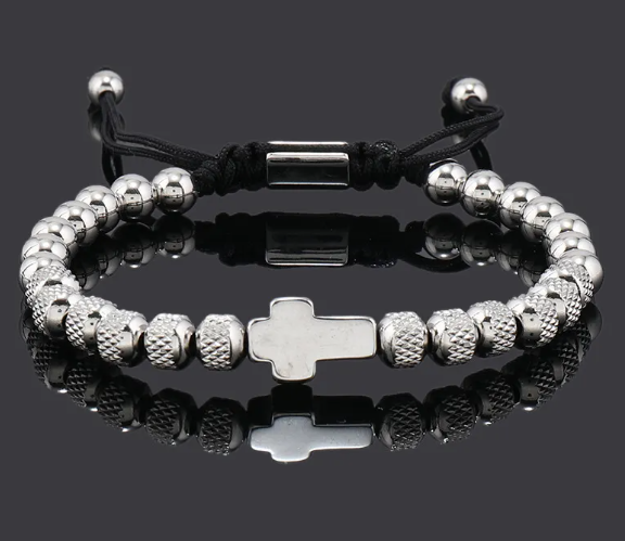 Steel Cross Adjustable Beaded Bracelet
