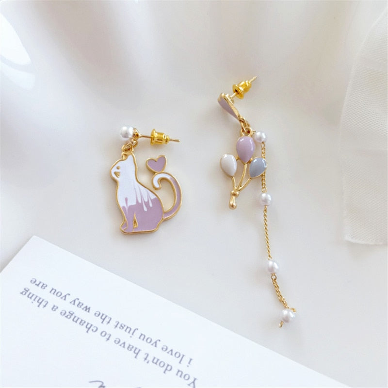 Cat and Balloon Asymmetric Earrings