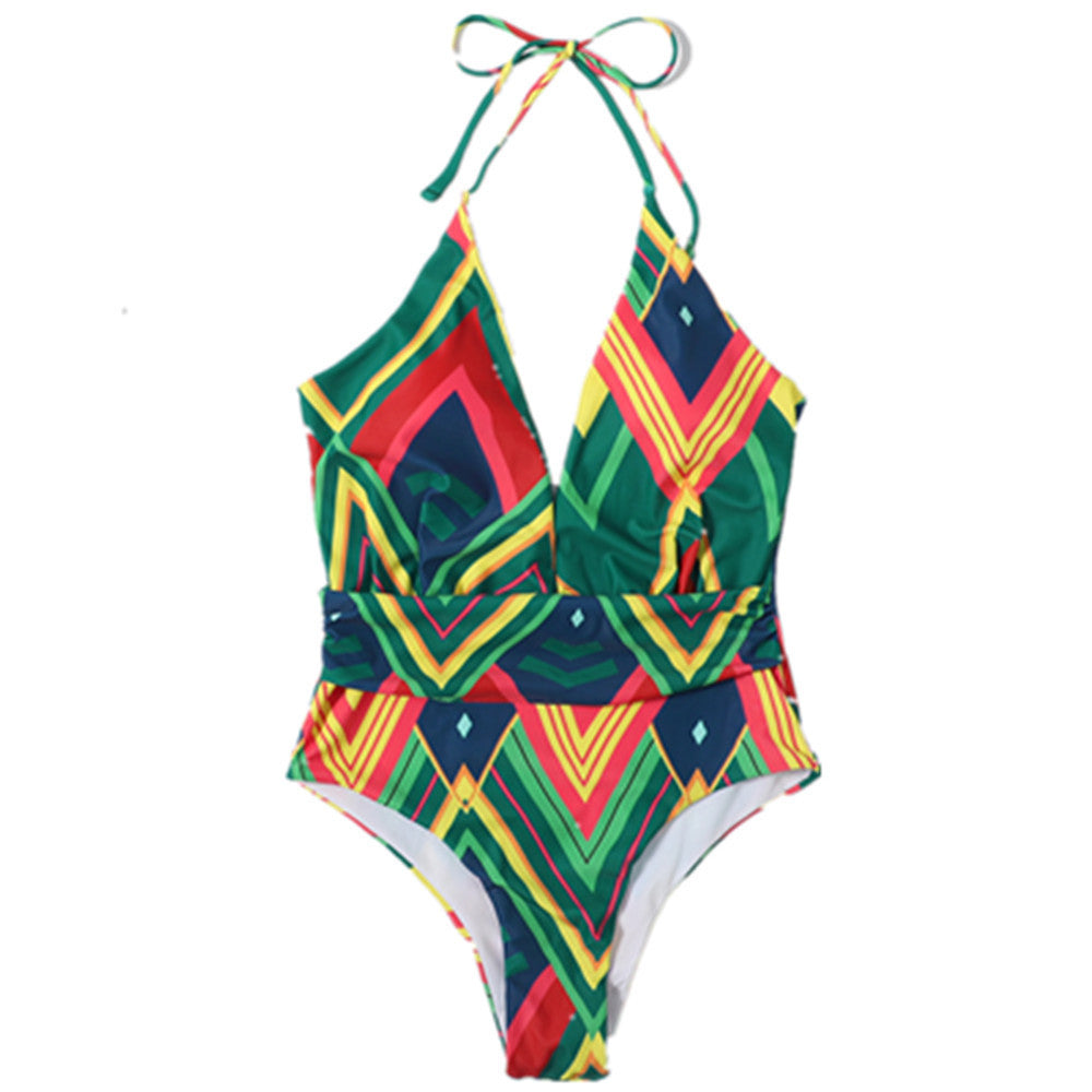 Deep V Halter Backless Geometric Print One-Piece Swimsuit