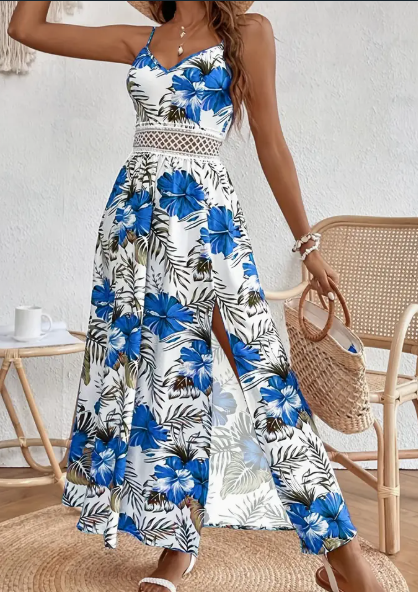 Floral Print Spaghetti-Strap High-Slit Maxi Dress