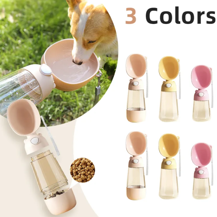 Portable Dog Water Bottle 550ml Leak-Proof Travel Drinking Dispenser with Flip-Up Bowl and Food Compartment for Walks and Hiking