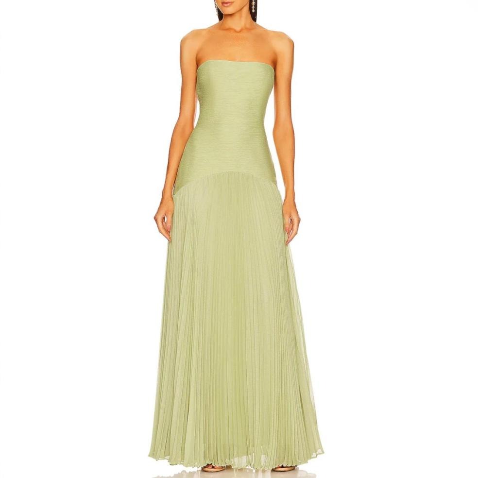 Sage Green Strapless Pleated Maxi Dress