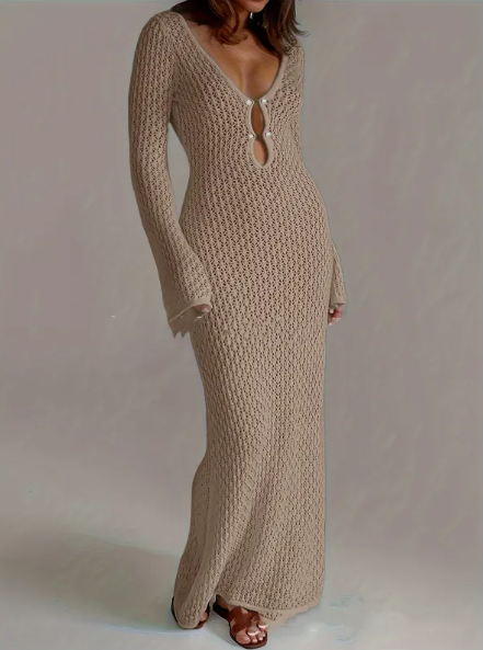 Knit Open-Weave Long-Sleeve Maxi Cover-Up Dress
