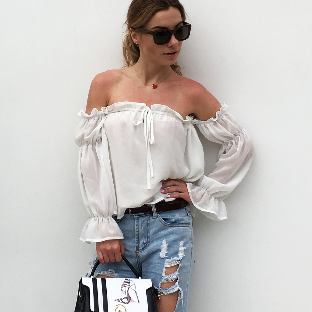Women's White Off-Shoulder Ruffle Chiffon Cover-Up Top