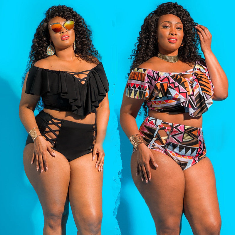 Plus Size Women's Geometric Ruffle High-Waist Bikini Set